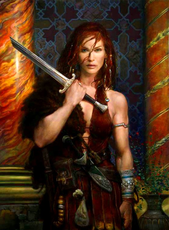 A powerful fantasy depiction of a woman with long hair, wielding a sword, dressed in warrior attire, set against a richly decorated background. Brasmer Media's captivating artwork.