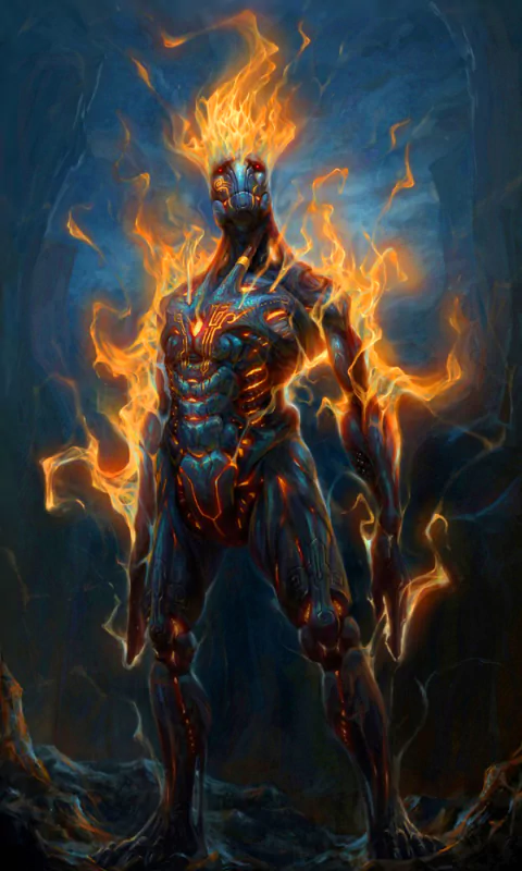 A powerful elemental figure stands amidst swirling flames, showcasing a blend of organic and robotic features, embodying the essence of fantasy and fire in striking detail.