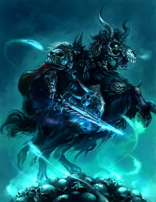 A dark, ominous figure rides a skeletal horse, adorned in armor and holding a glowing sword. This striking artwork draws inspiration from the Warcraft video game universe.