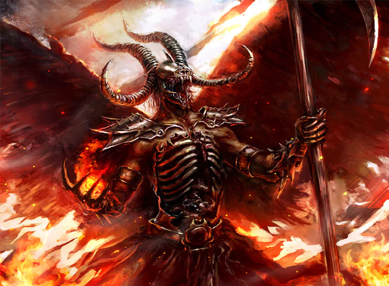 A fearsome demon stands amidst flames, wielding a scythe and exuding a powerful aura. Its skeletal form and large, curved horns enhance the dark fantasy atmosphere.