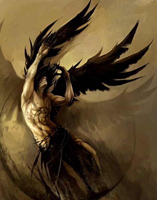 A powerful fantasy figure with large black wings reaches toward a glowing orb, embodying the essence of an angel in a dramatic, dynamic pose.
