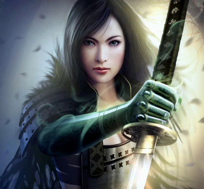 A fierce female samurai stands ready for battle, holding a sword, embodying the fantasy elements of the Legend of the Five Rings universe, with a mystical aura surrounding her.