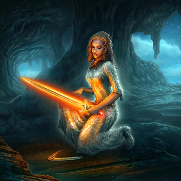 A fantasy scene featuring a woman in a shimmering gown, kneeling in a cave and holding a glowing orange sword, surrounded by mystical rock formations and a starry sky.