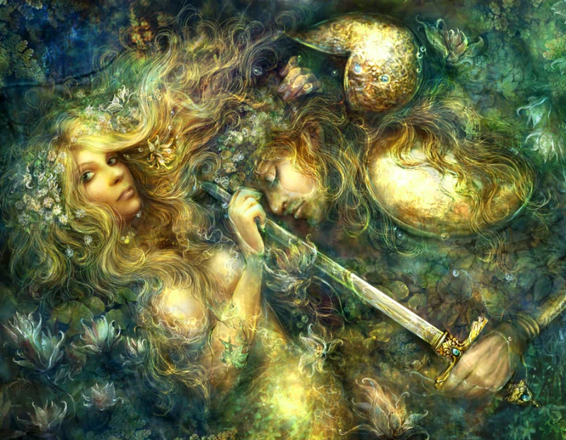 A mystical scene depicting a mythical woman and a warrior, intertwined in a lush, vibrant background, capturing the essence of fantasy and legend.
