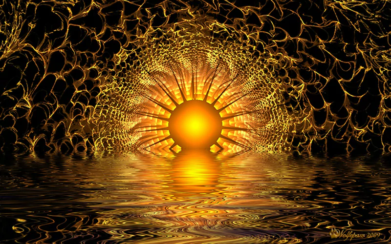 An abstract fractal design features a radiant golden sun emerging from a web-like pattern, reflected on a shimmering surface, creating a dynamic and mesmerizing visual effect.