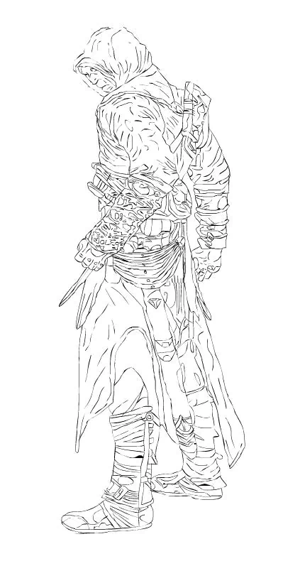 A detailed line art of Altair from Assassin's Creed, showcasing his iconic hooded outfit and signature weapons, embodying the game's rich Renaissance atmosphere.