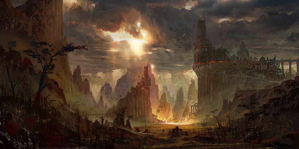 A dramatic artistic landscape featuring towering mountains and ruins illuminated by a fiery sunset, surrounded by dark, swirling clouds that enhance the scene's moody atmosphere.