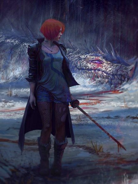 A fierce warrior with short red hair stands in a snowy landscape, holding a sword, next to a massive dragon's corpse, embodying a captivating fantasy scene.