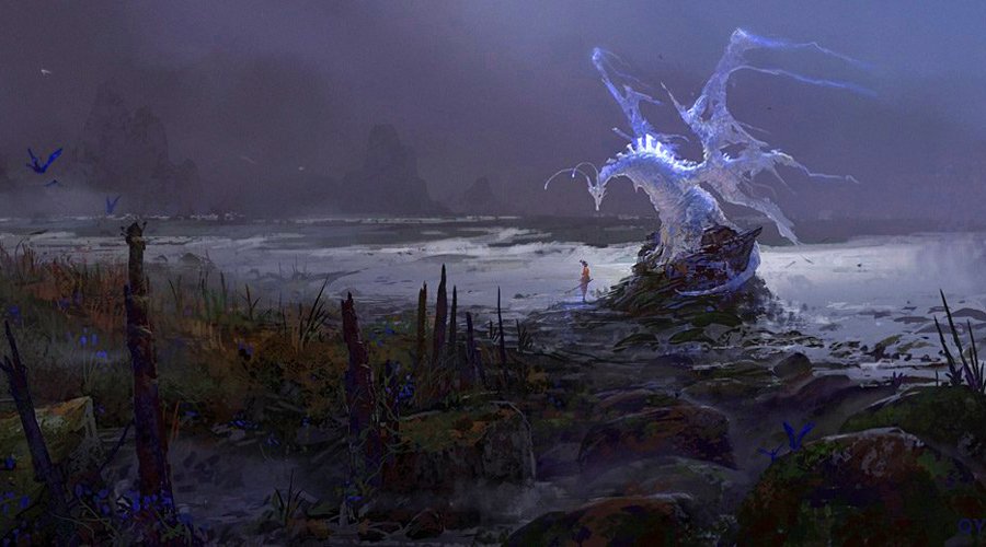 A mystical landscape featuring a glowing dragon emerging from a rocky shore, surrounded by a foggy atmosphere and sparse vegetation, creating an enchanting and artistic scene.
