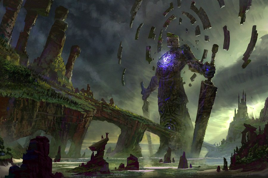 A dramatic artistic landscape featuring a colossal figure with a glowing emblem, surrounded by floating debris, against a moody sky and a surreal backdrop of crumbling ruins.