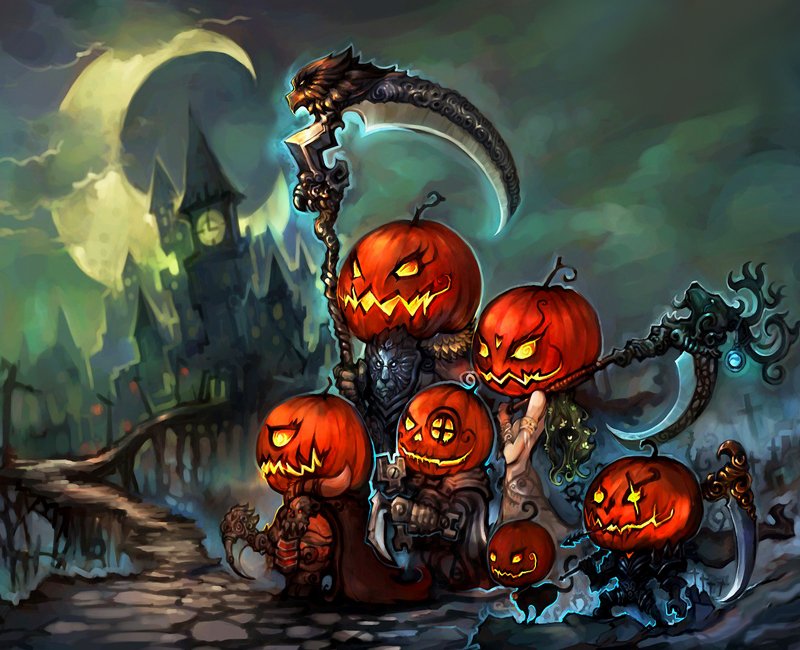A colorful scene from the Warcraft video game featuring characters with pumpkin heads, wielding scythes, against a dark, haunted backdrop with a moonlit castle.