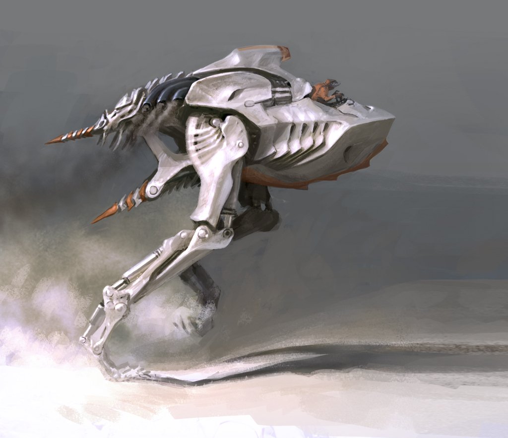 Futuristic sci‑fi robotic dinosaur vehicle: sleek white bipedal mech with armored plating and spiked tail sprinting across dusty terrain.