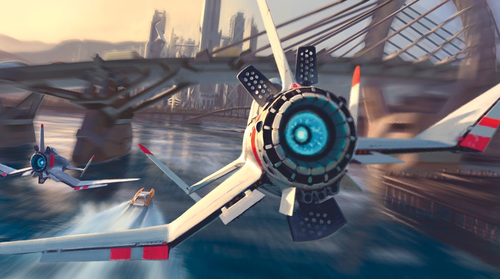 A futuristic sci-fi spaceship flies over a modern cityscape with bridges and tall buildings bathed in warm light.