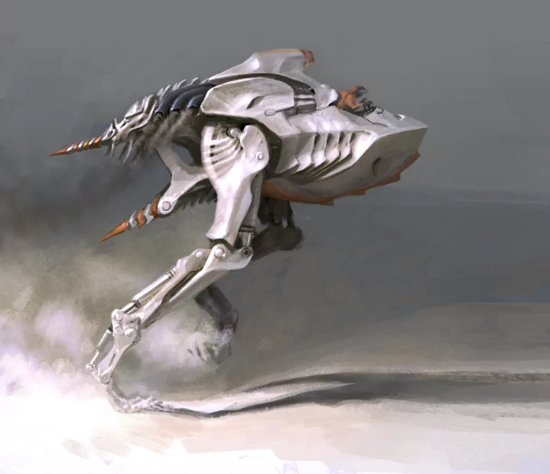 Futuristic sci‑fi robotic dinosaur vehicle: sleek white bipedal mech with armored plating and spiked tail sprinting across dusty terrain.