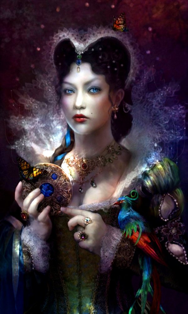 A fantasy woman adorned in ornate attire holds a decorative fan, surrounded by butterflies and a colorful parrot, exuding an air of enchantment and elegance.