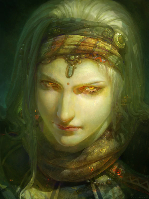 A mysterious woman with piercing yellow eyes and intricate accessories gazes intensely, surrounded by an ethereal fantasy atmosphere.