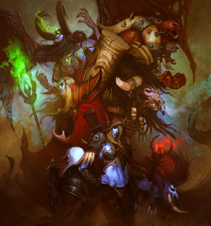 A dramatic illustration from the Warcraft video game, featuring iconic characters engaged in an epic showdown amidst a swirling backdrop of dark magic and vibrant colors.