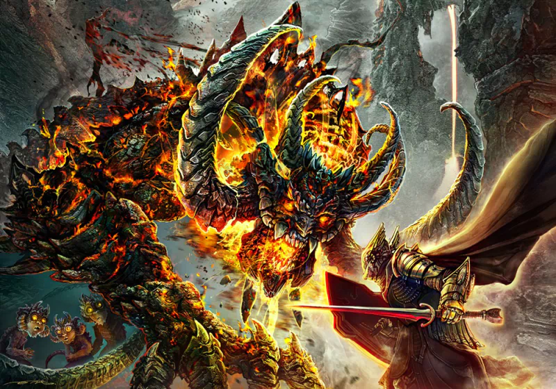 A fierce battle unfolds in a fantasy realm as a fiery demon, adorned with massive horns and scales, confronts a knight wielding a sword amidst a dramatic landscape.
