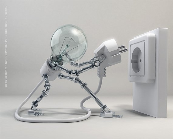 Artistic, abstract depiction of a humanoid made from a lightbulb and plug-cord limbs, straining to push its plug into a wall socket.
