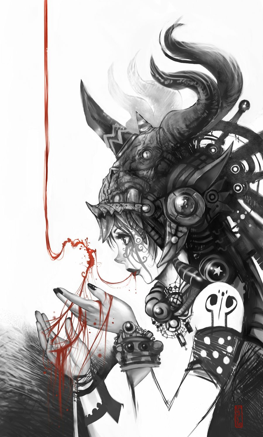 A dark, surreal portrait of a woman wearing an intricate red and black horned helmet, with red thread extending from her hands and dripping down.