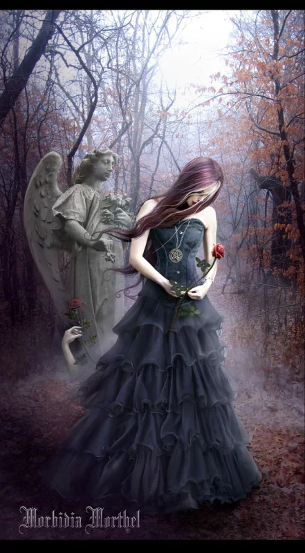 A dark, gothic scene featuring a woman in a flowing black dress, holding roses, surrounded by autumn trees and a statue of an angel, creating an eerie yet enchanting atmosphere.