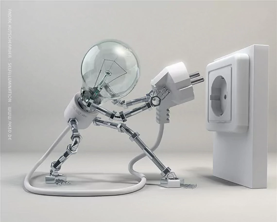 Artistic, abstract depiction of a humanoid made from a lightbulb and plug-cord limbs, straining to push its plug into a wall socket.
