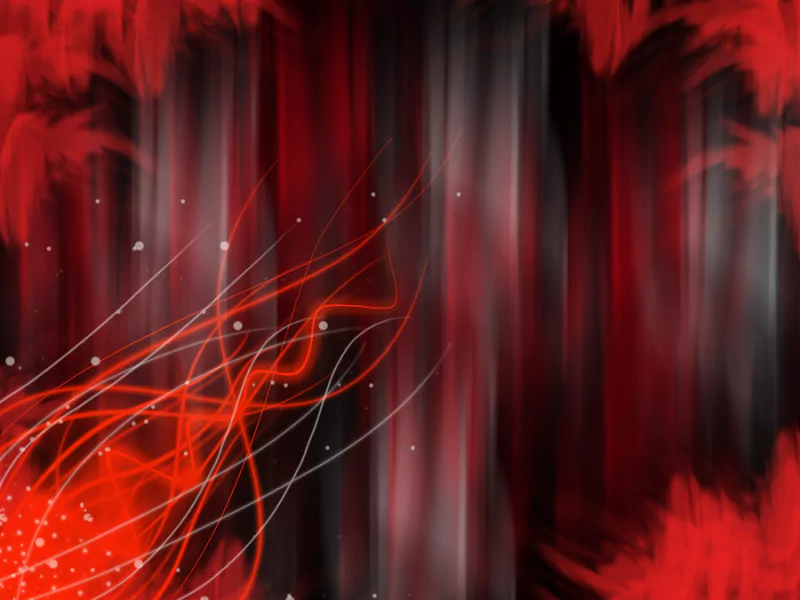 Abstract, artistic composition of red and black vertical streaks with glowing orange swirls and scattered white spark-like dots.