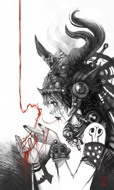 A dark, surreal portrait of a woman wearing an intricate red and black horned helmet, with red thread extending from her hands and dripping down.