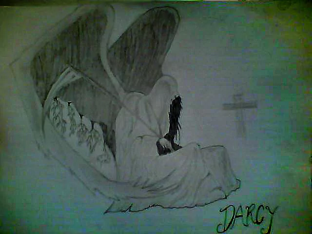 Abstract emo pencil drawing of a winged, hooded figure curled on the ground with dark hair obscuring the face, a faint cross in the background and Darcy signed below.