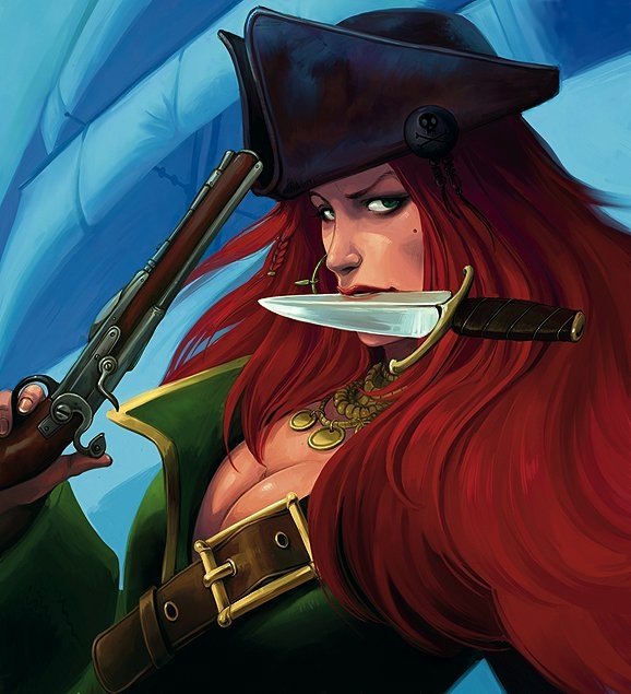 Fantasy woman pirate with flowing red hair, tricorn hat, flintlock pistol and a dagger clenched between her teeth, wearing a green coat.