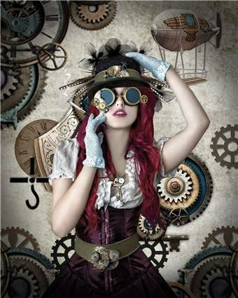 A woman with vibrant red hair and steampunk-inspired attire poses against a backdrop of gears and a hot air balloon, showcasing a dark and imaginative aesthetic.