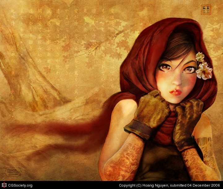 A fantasy-themed illustration features a woman with a hood, adorned with a flower, gazing thoughtfully amid autumn-toned foliage and a tranquil background.