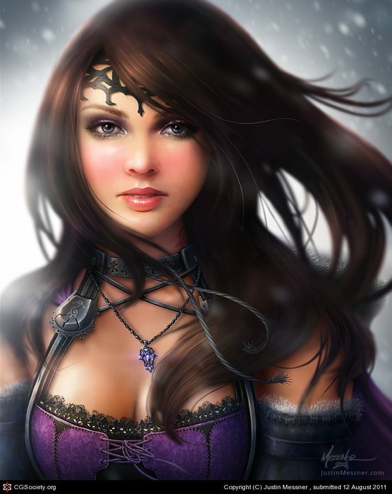 A captivating fantasy portrait of a woman with flowing hair, adorned in dark, intricate clothing, set against a softly lit background that enhances her enchanting expression.