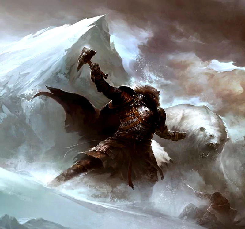 A fierce warrior stands atop icy terrain, wielding an axe, as a massive polar bear charges forward, embodying a striking blend of fantasy and Norse-inspired themes.