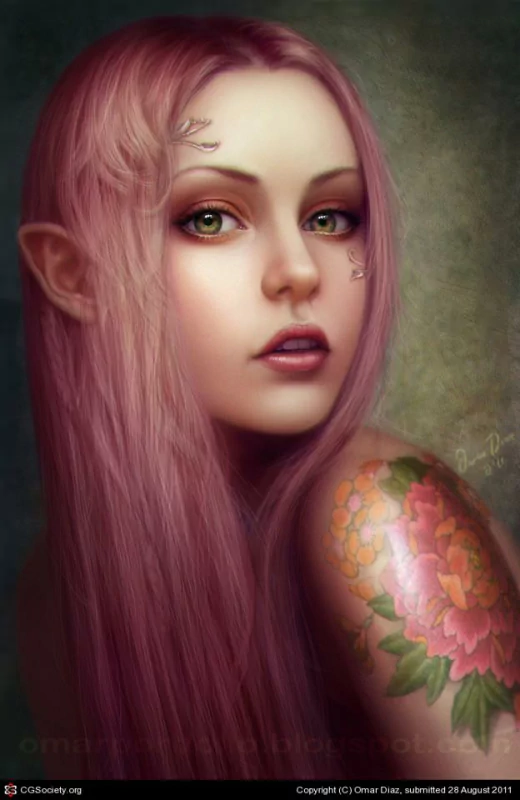 A fantasy portrait of a woman with long pink hair, pointed ears, and a floral tattoo on her arm, exuding an ethereal charm against a soft, textured background.