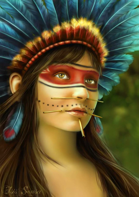 A woman in a vibrant feather headdress and painted face gazes thoughtfully, embodying a mystical fantasy atmosphere. Her expression invites a connection with nature and culture.