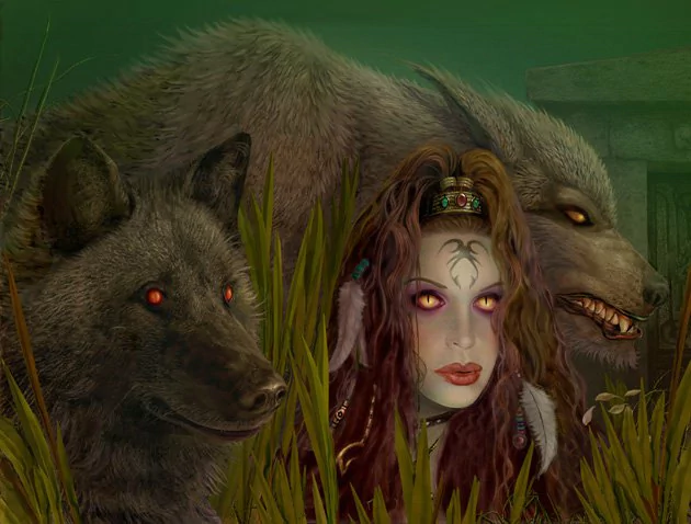 A dark scene features a mystical woman with striking purple markings, flanked by two werewolves with glowing red eyes, set against an eerie green backdrop.