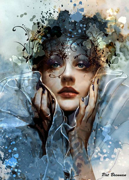 A fantasy portrait of a woman with delicate features, surrounded by abstract splashes of color and floral elements, capturing an ethereal and dreamlike essence.