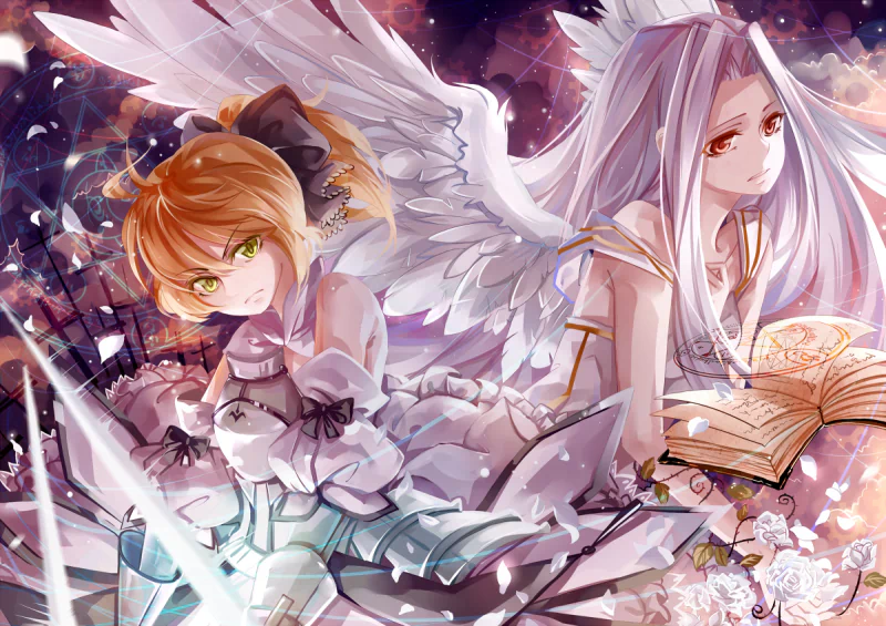 Anime Fate/Zero: two angelic figures—one short auburn-haired in armor with a sword, the other long silver-haired reading a book—wings spread amid glowing petals and magical light.