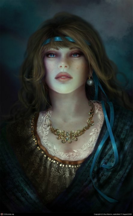 A bald, exquisite woman gazes thoughtfully, adorned in elegant attire with a pearl earring and intricate jewelry, embodying a fantasy allure.