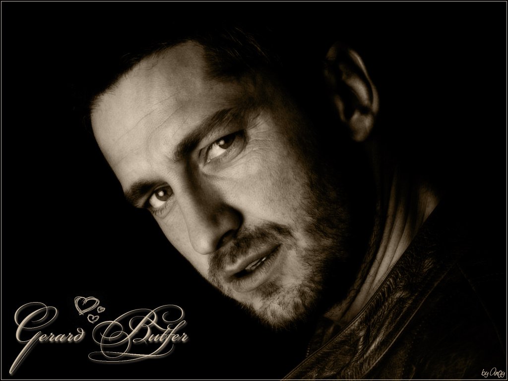 A close-up of Gerard Butler in a dramatic black-and-white setting, showcasing his intense gaze and rugged features. His name is elegantly displayed in a stylized font.