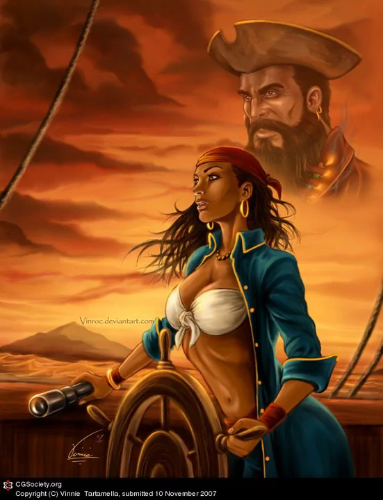 A fantasy pirate woman steers a ship at sunset, with the ghostly image of a bearded pirate captain looming in the fiery sky behind her.