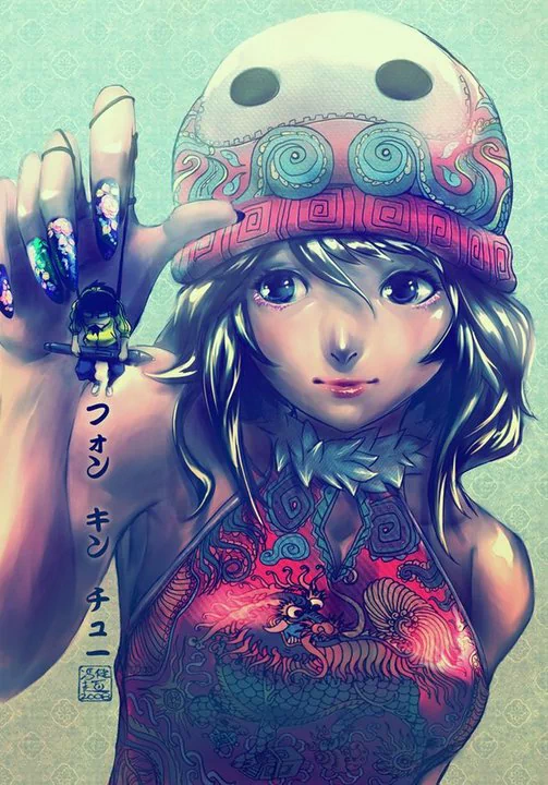 A vibrant artistic illustration of a woman with intricate tattoos and colorful nails, wearing a playful hat. She holds a small figure, embodying a creative spirit.
