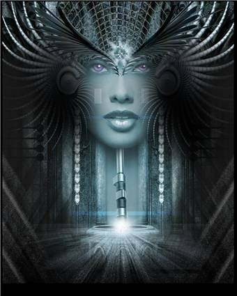 An abstract composition featuring a stylized, enigmatic face with striking purple eyes, surrounded by intricate designs, evoking a sense of depth and mystery.