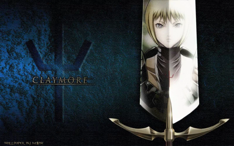 A striking image featuring a sword with the face of a character from the anime Claymore, set against a dark, textured background. The title Claymore is prominently displayed.