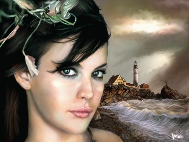 A scenic, artistic portrait of a woman with striking features, framed by a dramatic seascape and a distant lighthouse, blending elements of photography and digital artistry.