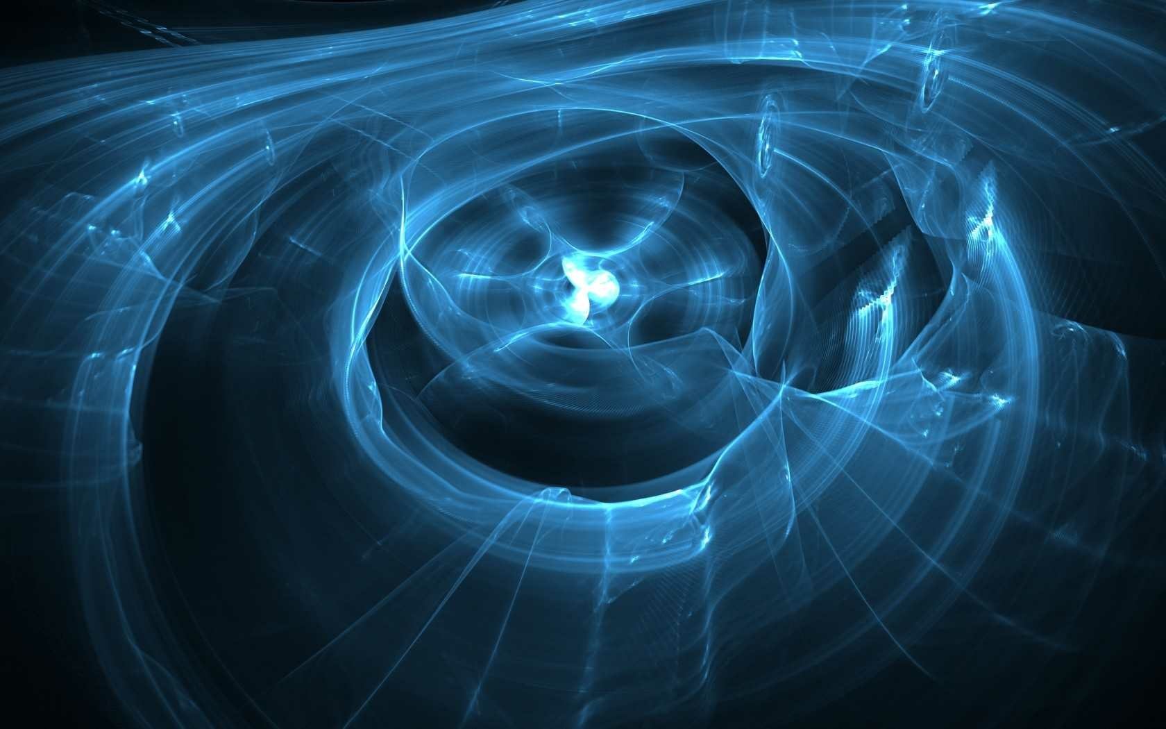 Artistic digital art depicting swirling blue light patterns forming a dynamic, abstract vortex against a dark background.