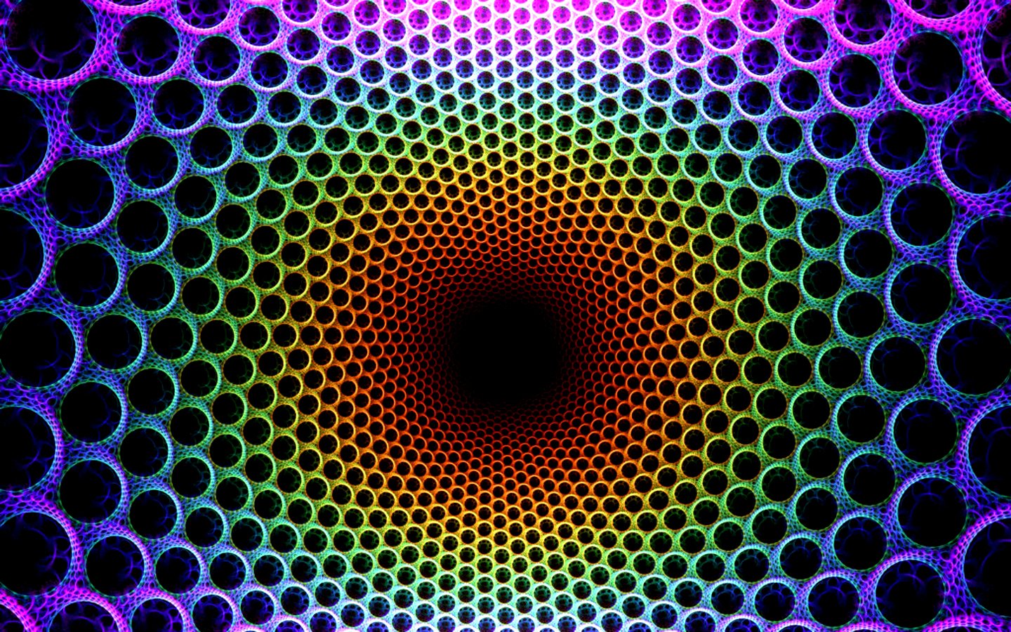 Artistic digital art: concentric honeycomb rings of circular holes in a rainbow gradient spiraling into a deep black center.