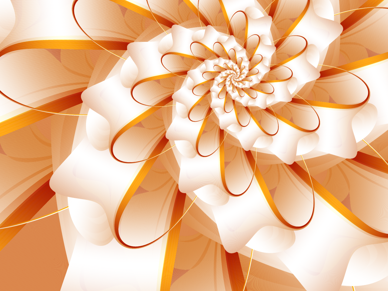 A mesmerizing digital art piece featuring an intricate spiral design with soft white and orange hues, evoking a sense of elegance and fluidity.