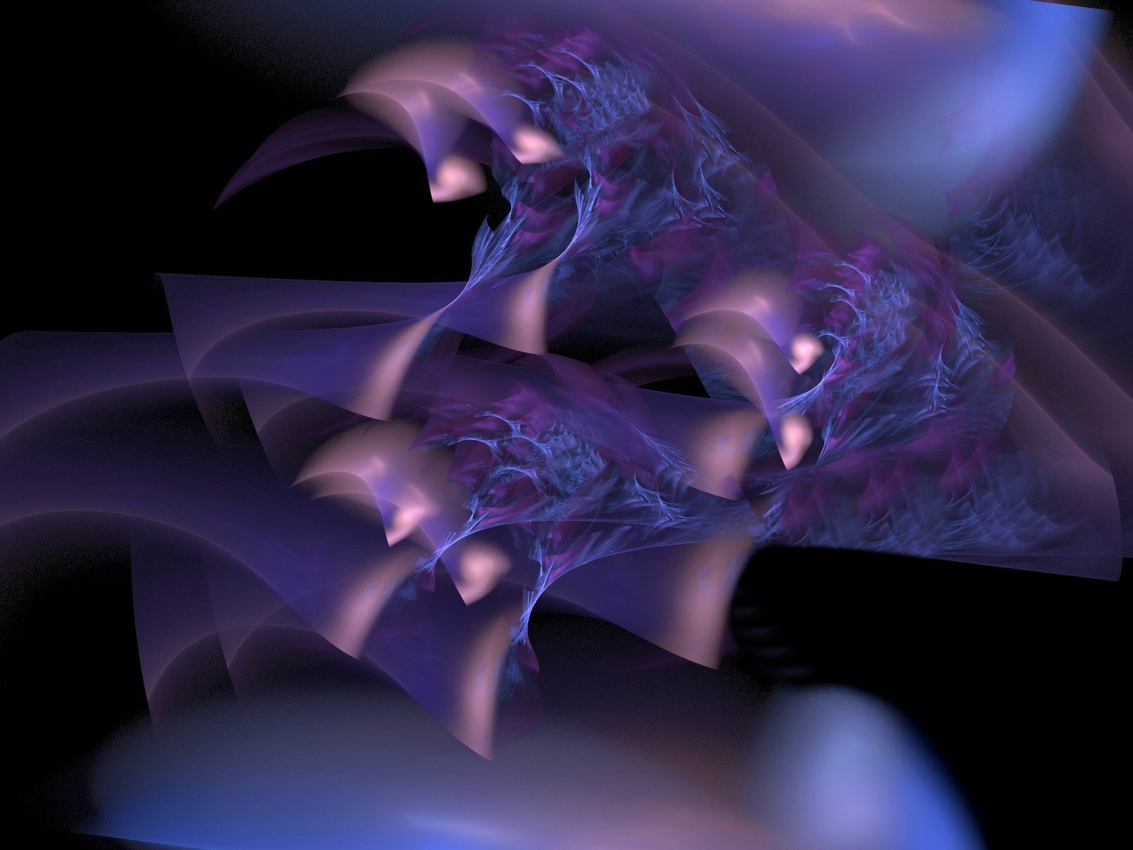 Abstract digital art featuring swirling shades of purple and blue, creating a dynamic and fluid composition against a dark background. The design evokes a sense of movement and depth.